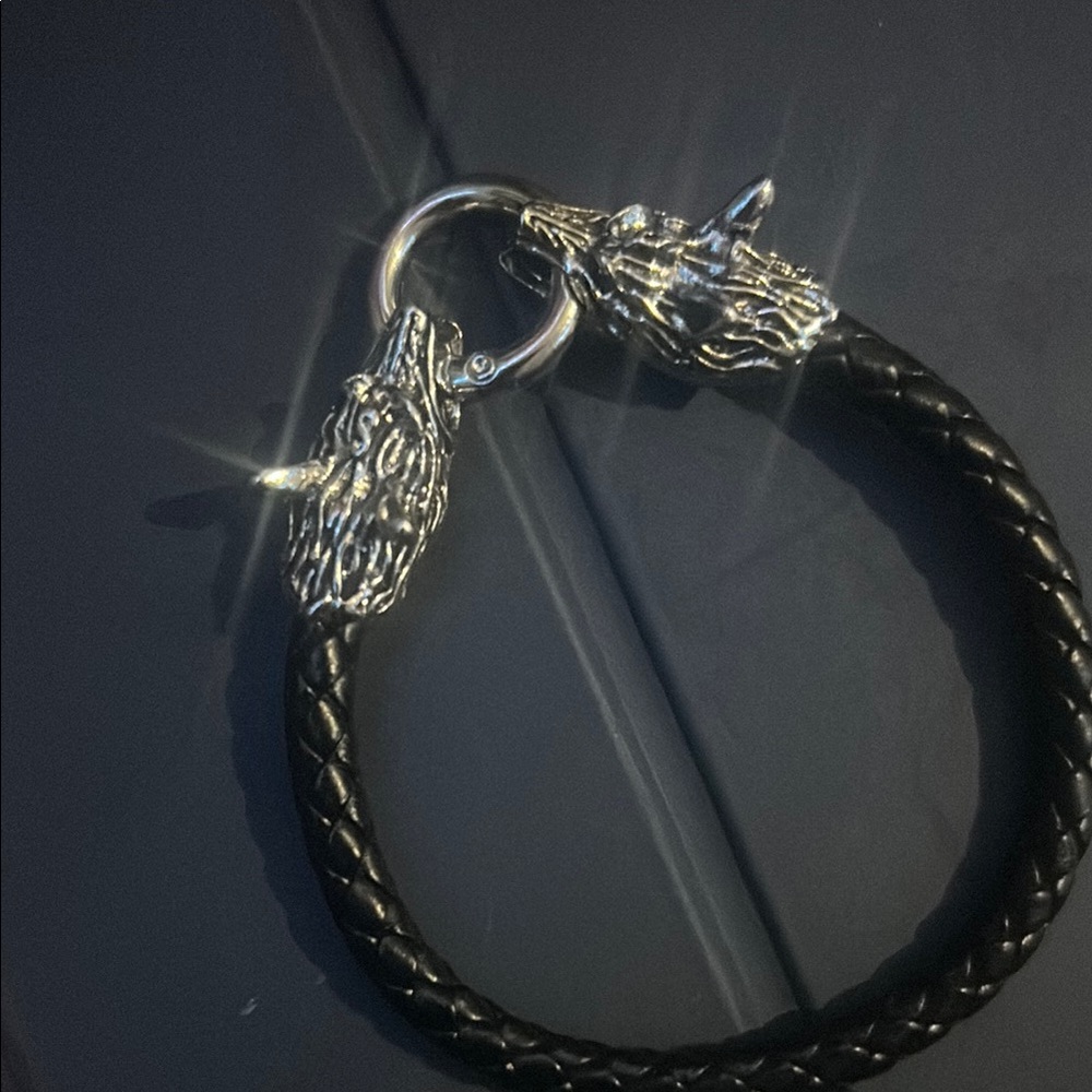Stainless Steele Wolves and Black leather Braided Men's Bracelet